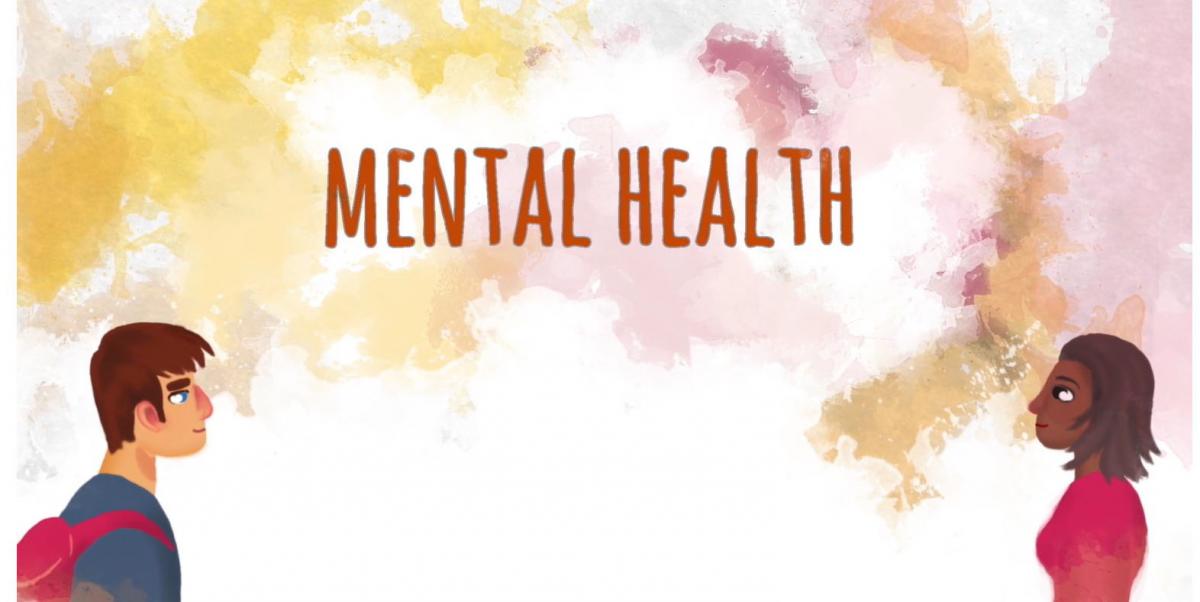 An animation of two people looking at each other with a coloured back ground and the words Mental Health in the centre.