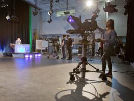 Students in TV studio at City of Glasgow College City campus_photo taken pre-Covid 