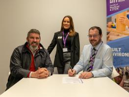 Neil McKay (Urban Union), Eilidh Morris (Urban Union) and Andy Pollock (City of Glasgow College) pose for signing of MOU 