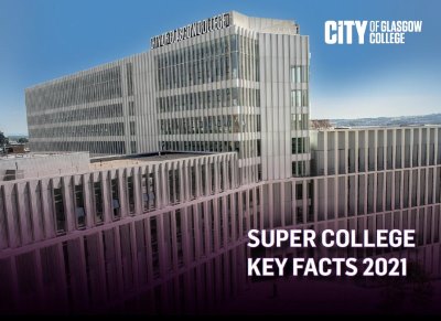 Image of City campus taken from the side showing the building and sign on top.  Text reads "Super College Key Facts 2021"