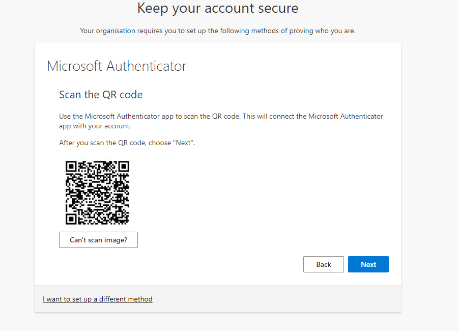 Screenshot of the Microsoft Authenticator App scan the QR code oage.