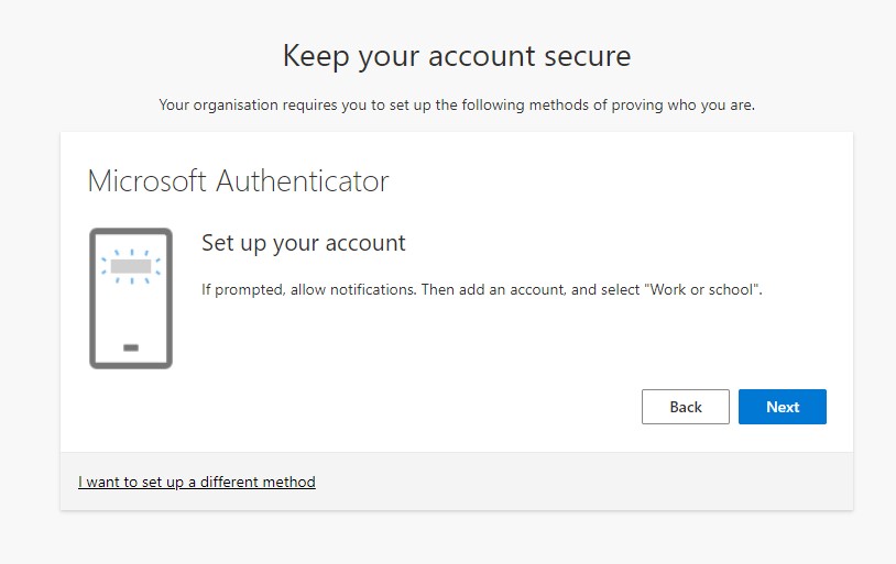 Screenshot of the Microsoft Authenticator App for setting up your account.