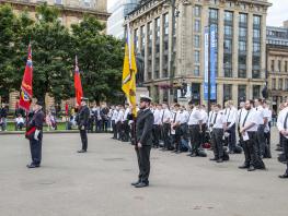 Merchant Navy cadets and flag bearers in George Square for Merchant Navy. 