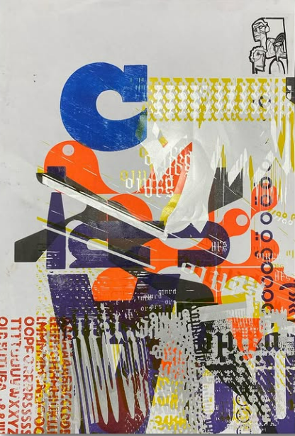 Prints working with multiple layers of letterpress printing, silk screen, and collage