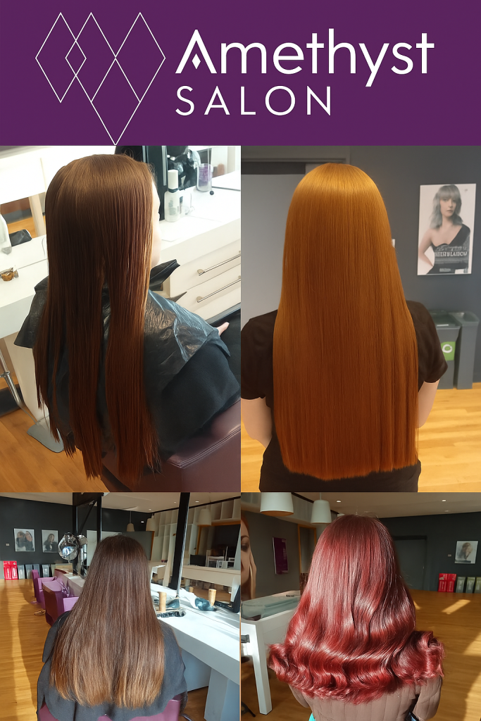 Before and after of long hair on a client at Amethyst Salon.