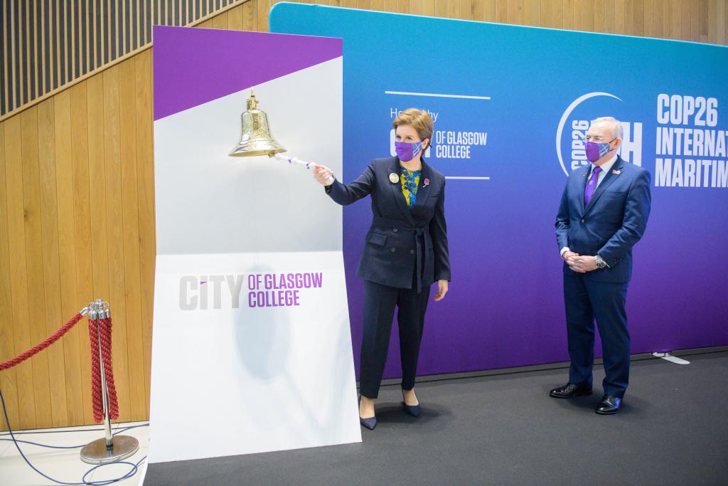 First Minister Nicola Sturgeon ringing the ships bell to formally open the International Maritime Hub