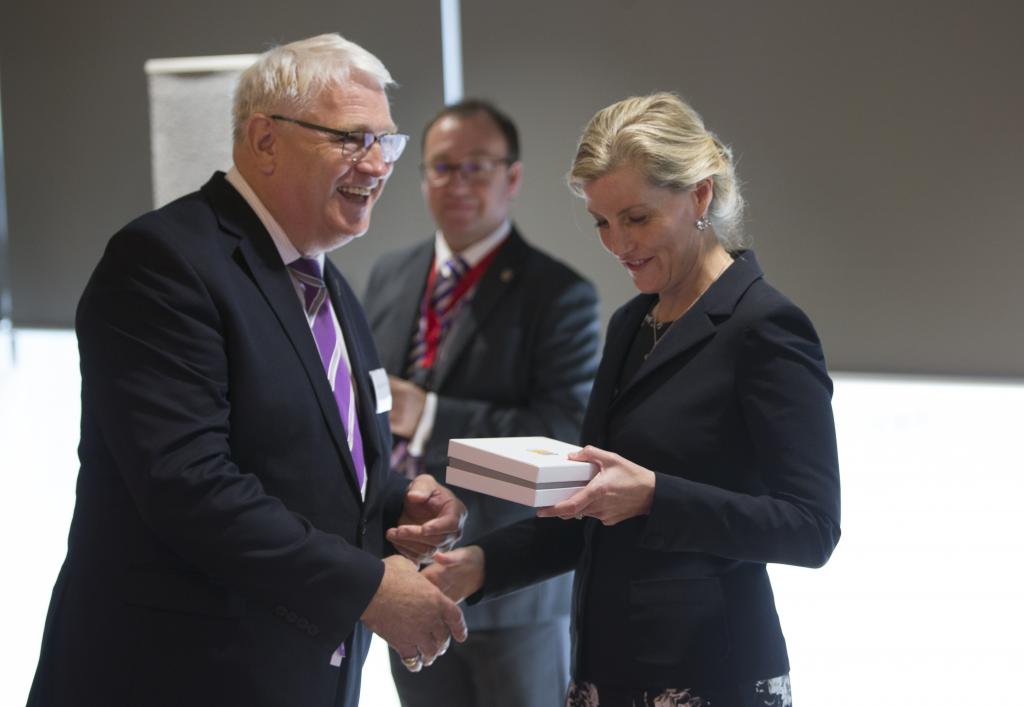 Alisdair Barron, Chair of the Board of Management presents Her Royal Highness the Countess of Wessex with a box of specially made chocolates