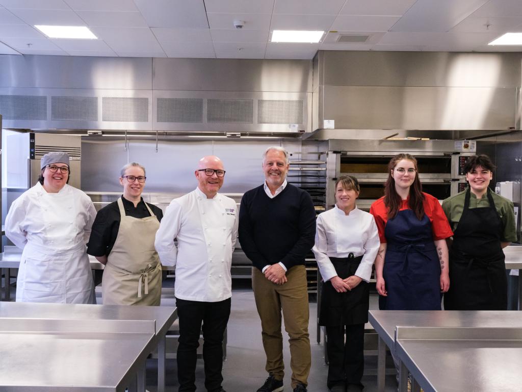 Billy McNeill, Luxury Textiles; Gary Maclean, Executive Chef and students from Professional Cookery and Bakery courses in one of the college kitchens.