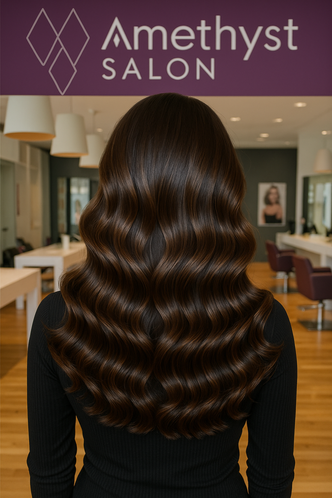 Elegant wavy hairstyle at Amethyst Salon.