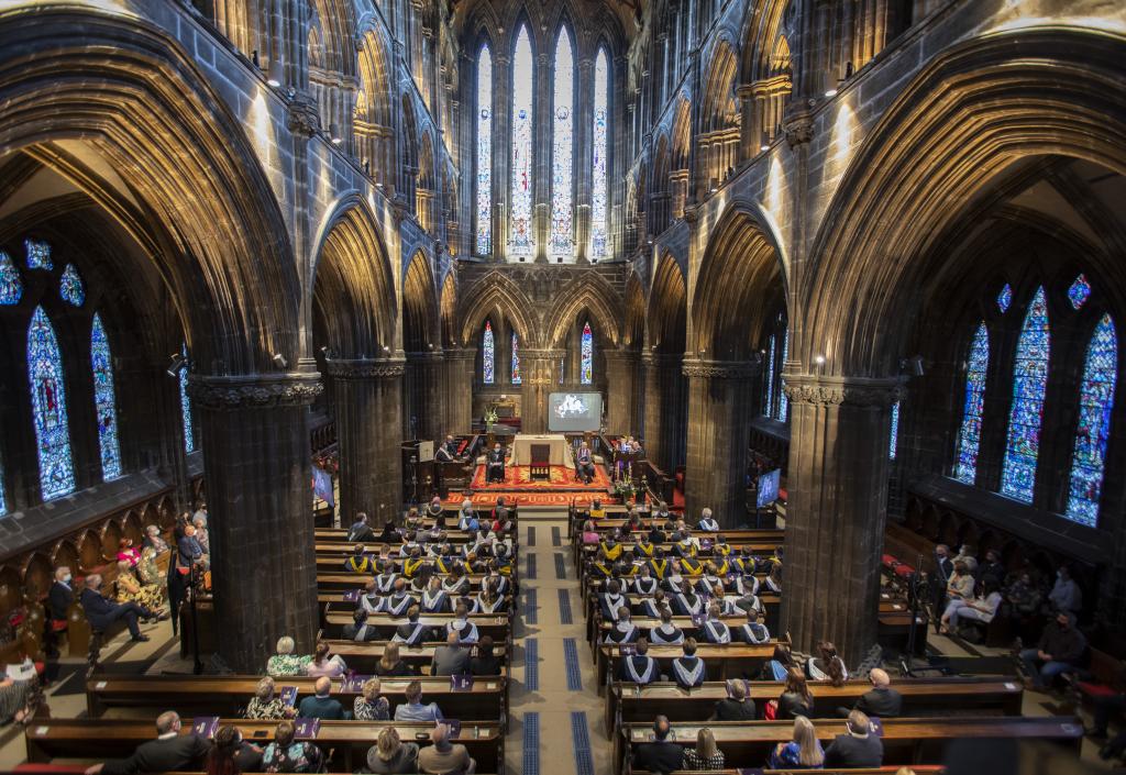 Students seated inside Glasgow Cathedral for the graduation ceremony.