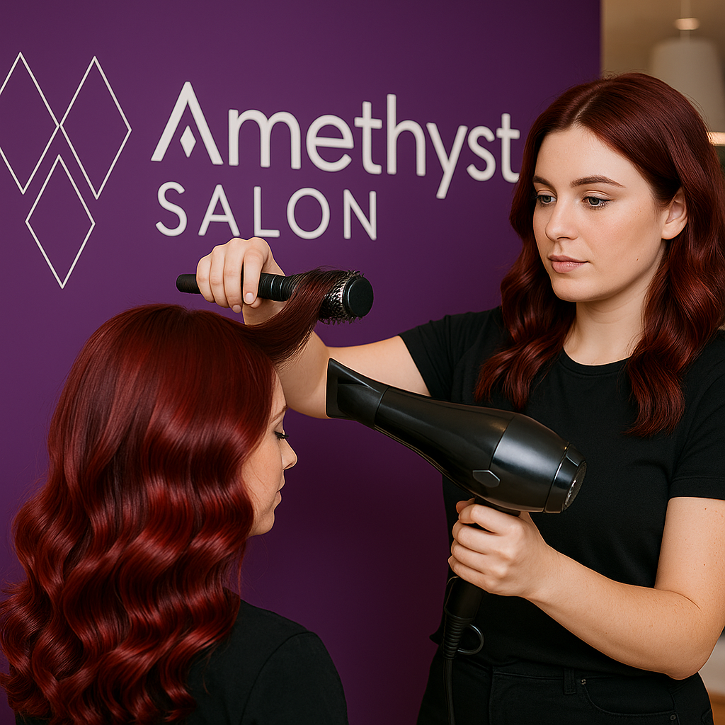 Hairdresser drying clients hair in Amethyst our hair salon.