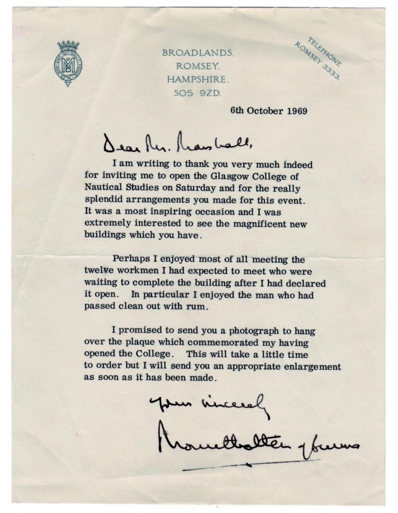 Letter written by Admiral of the Fleet The Earl Mountbatten of Burma after his visit to open the college.