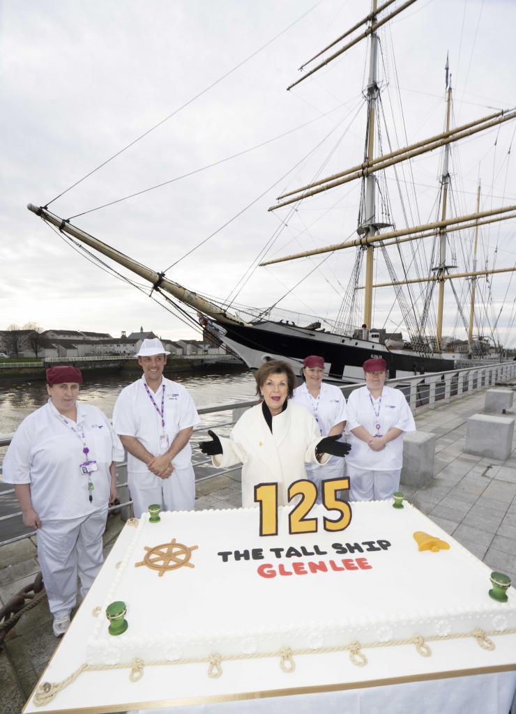 Tall Ship Glenlee Anniversary cake with bakery students and lecturer and Elaine C. Smith