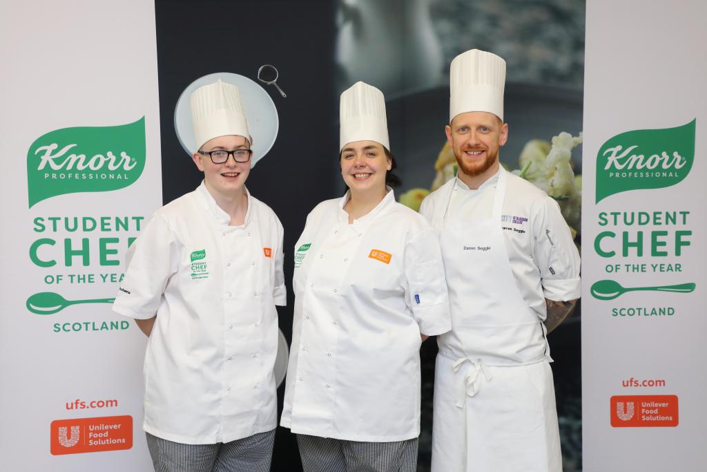 City of Glasgow College team - (L-R) Adam Walker, Jacintha Henderson and chef lecturer Darren Seggie