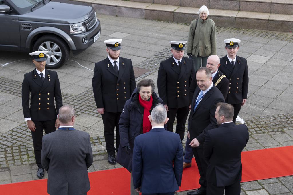 Cadets on duty for HRH Princess Royal  as she meets Principal Paul Little during visit to TS Queen Mary