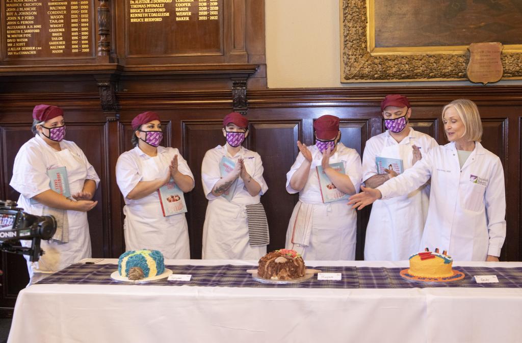 NQ bakery students Kellyanne, Maryam, Rebecca, Diane and Brian with their Scotland on a Cake designsat Scottish Baker of the Year launch
