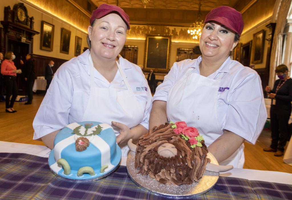 NQ bakery students Maryam and Diane with their winning Scotland on a Cake designs at Scottish Baker of the Year launch