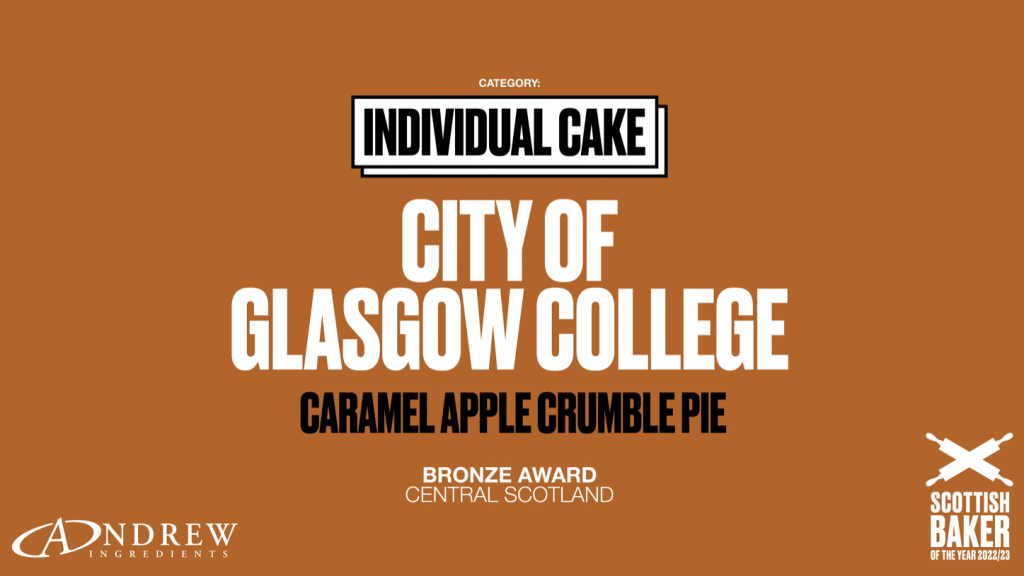Winning plaque for City of Glasgow College, Caramel Apple Crumble Pie, Bronze Award