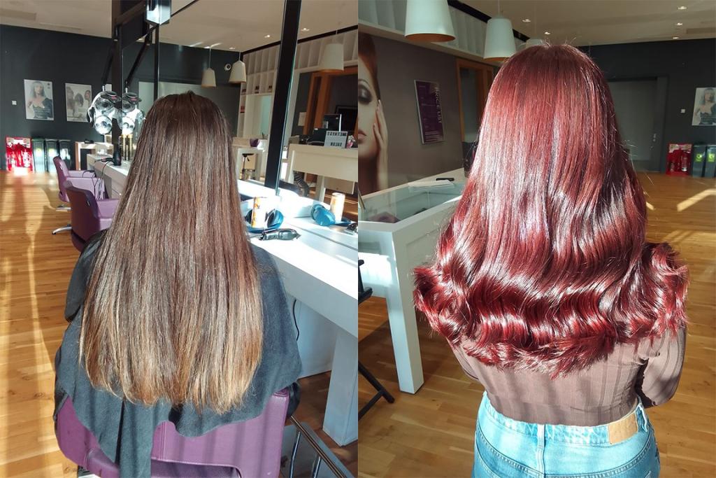 Before and after of long hair on a client at Amethyst Salon.