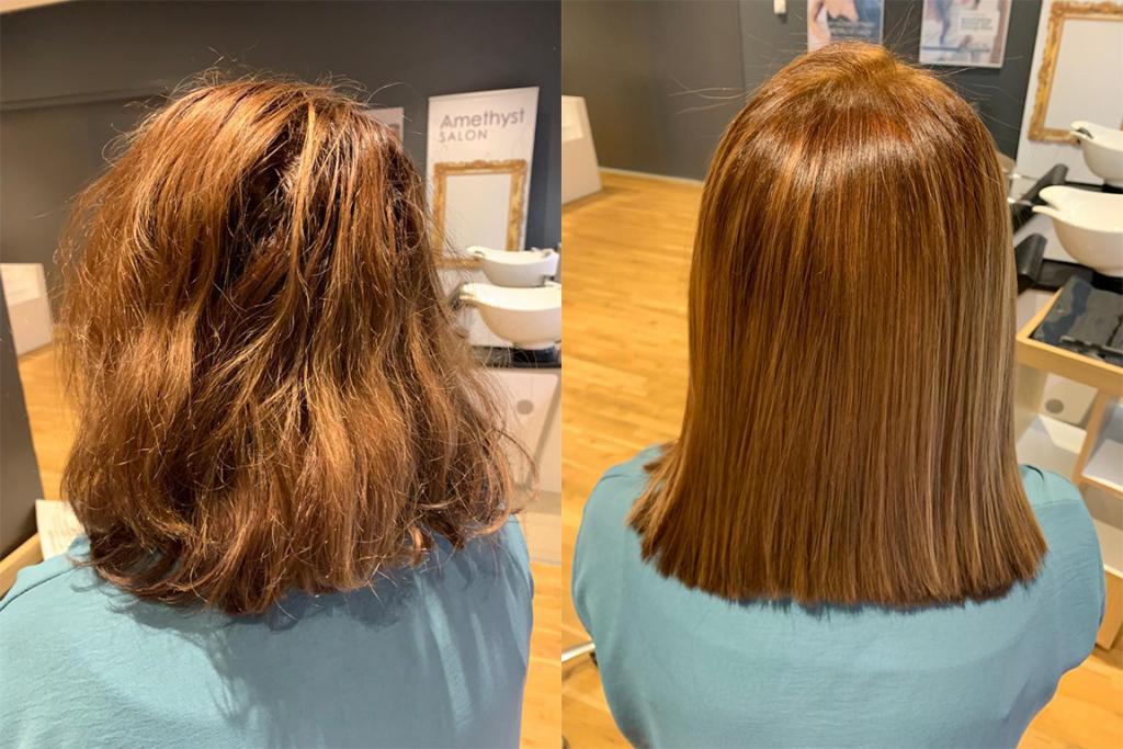 Before and after of long hair on a client at Amethyst Salon.