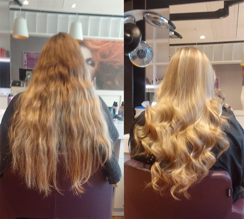 Before and after of long hair on a client at Amethyst Salon.