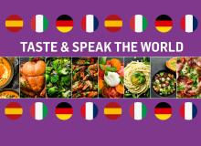 Taste & Speak the World graphic purple background with pictures of food and flags of the world