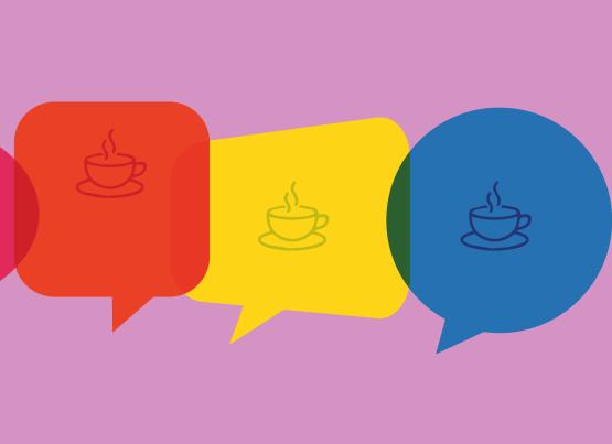 Graphic with 3 speech bubbles with coffee cup in the middle
