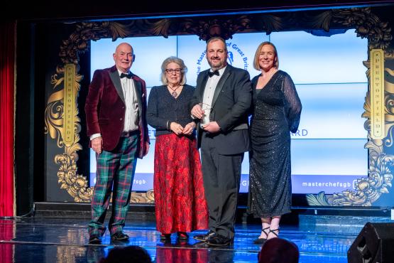 (L to R) George McIvor – Chairman of Master Chefs of Great Britain, Lady Claire Macdonald – Patron of Master Chefs of Great Britain, Professional Cookery lecturer, Kenneth Hett and Arlene Stuart - Broadcaster 