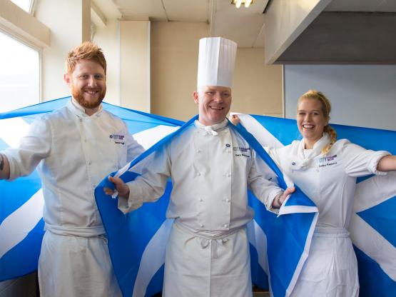 City of Glasgow College represents Scotland at International Cookery Competition Student Darren Seggie, lecturer Gary MacLean and student Lenka Faksoba pictured.