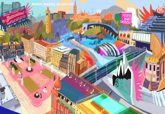 Illustration by Katie Smith, HND Illustration Illustration of several Glasgow landmarks in bright colours.