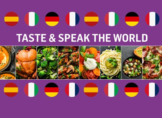 Taste & Speak the World graphic purple background with pictures of food and flags of the world