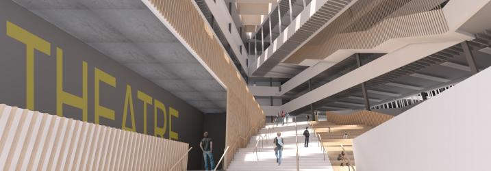 An artist impression of the atrium at City Campus showing the stairs and the lecture theatre
