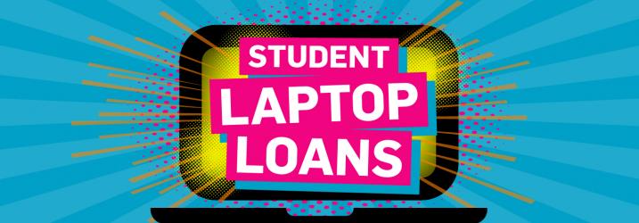 Blue background with a graphic of a laptop screen. Text reads