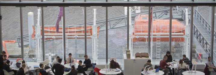 View of the lifeboats and library at Riverside campus.