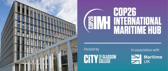 Riverside campus building taken from the side on one half and other halp has a purple and blue background with COP26 International Maritime Hub hosted by City of Glasgow College in association with Maritime UK.