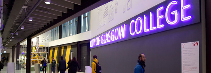 City of Glasgow College neon sign in reception area of City Campus.