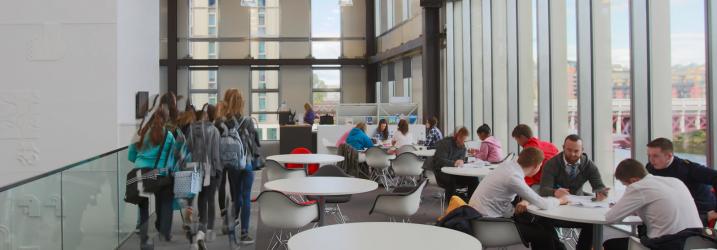 Group of students on our Riverside Campus mezzanine