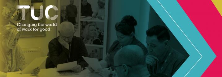 Five people sitting at a table reading papers overlaid with a coloured filter reading 